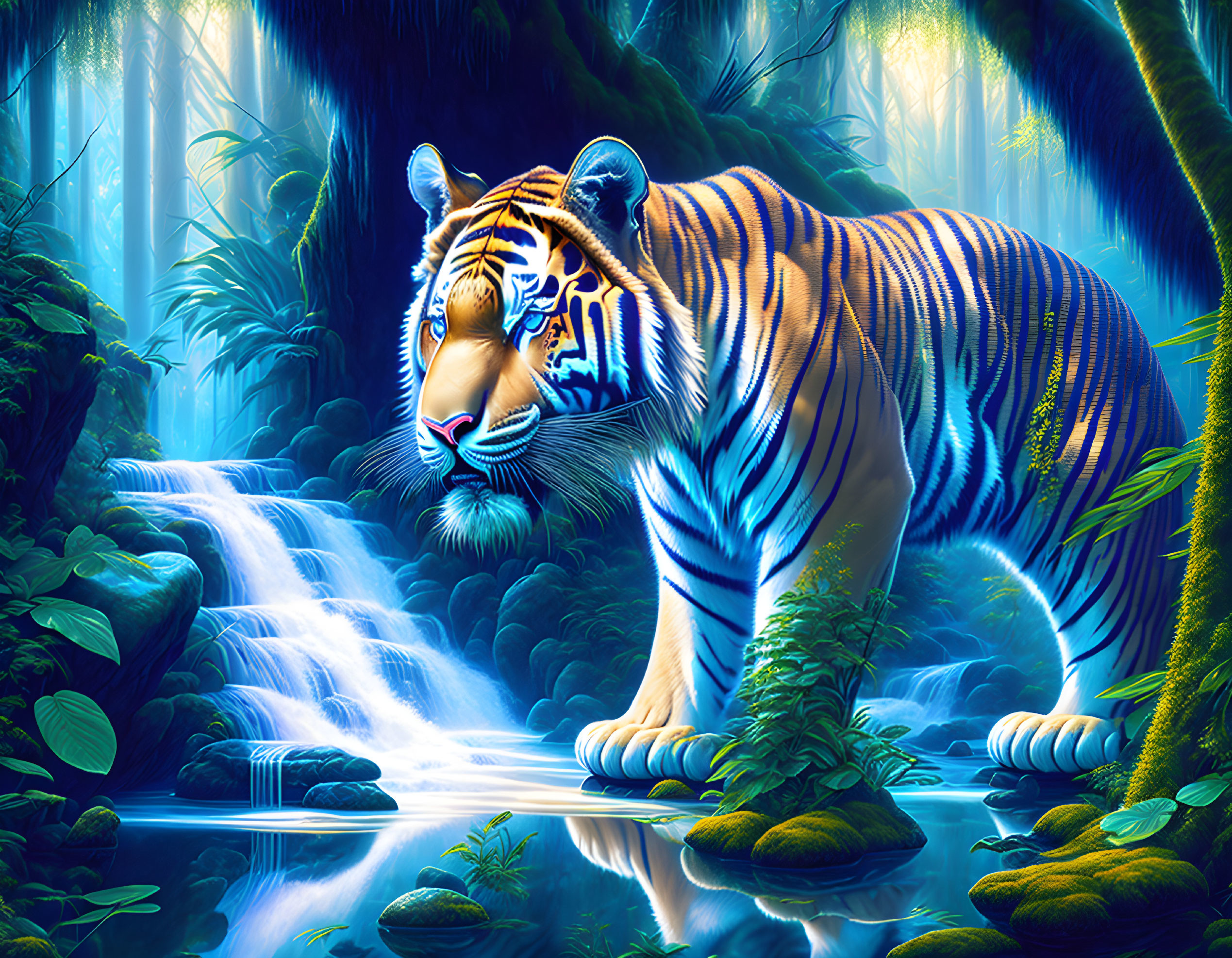 Tiger near Jungle Waterfall with Reflection in Blue Light