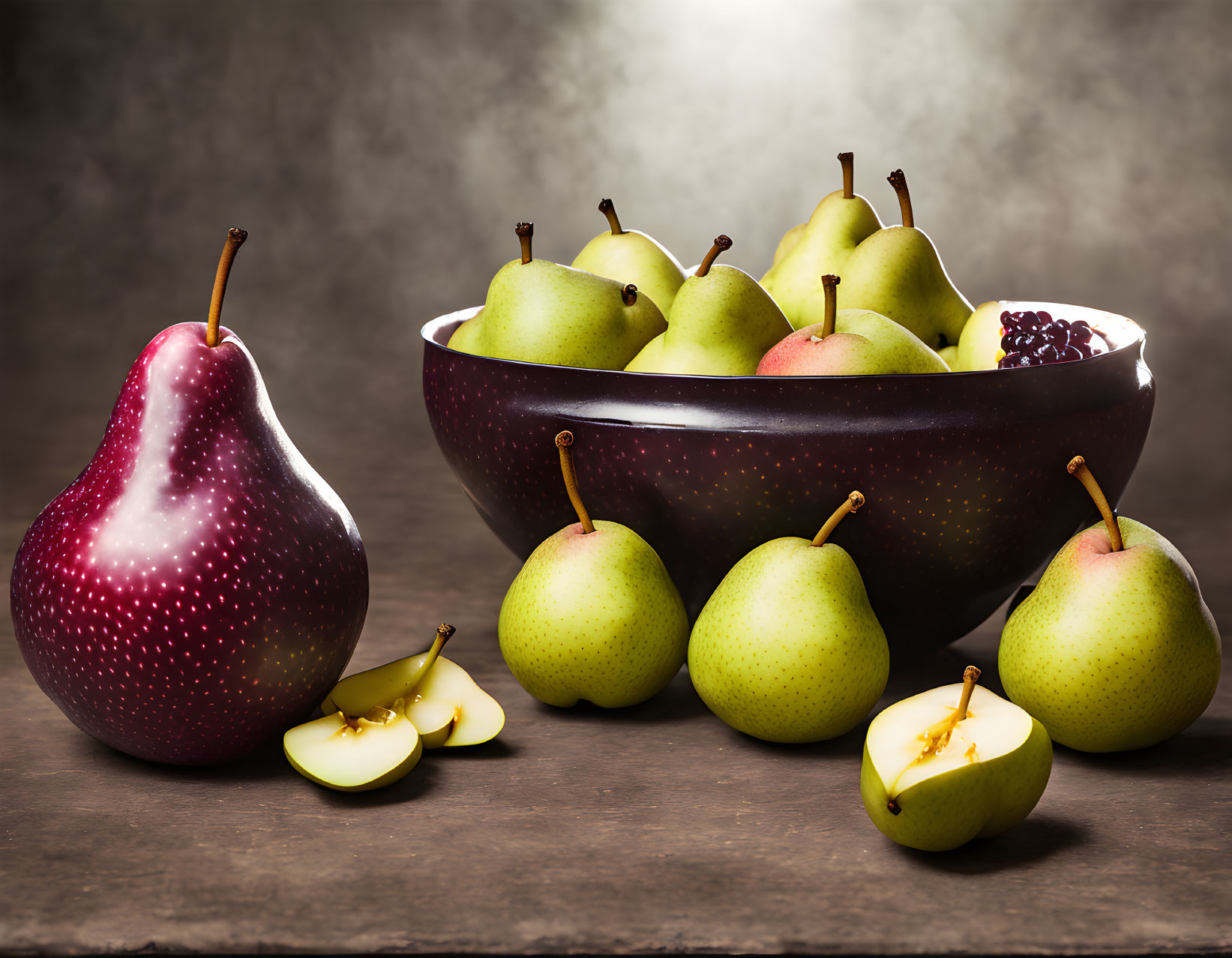 Large Unique Pear Next to Bowl of Whole and Sliced Pears on Rustic Surface