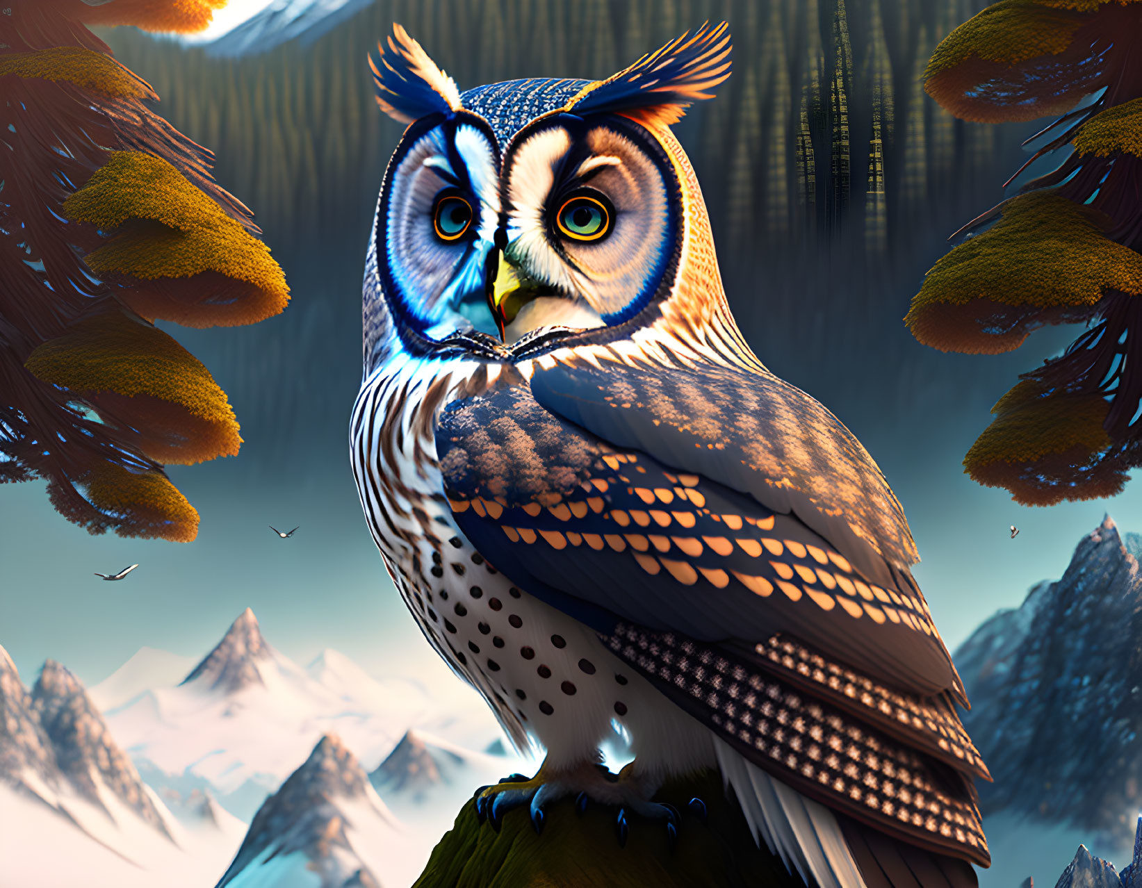 Digital artwork of owl face merging with mountain landscape, trees as feathers.