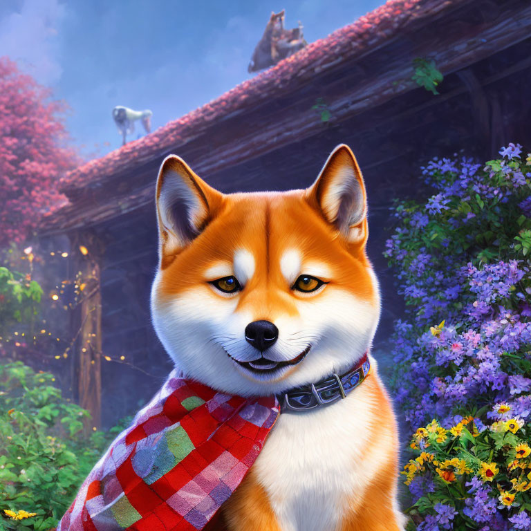 Shiba Inu in red scarf with cats on colorful flower backdrop