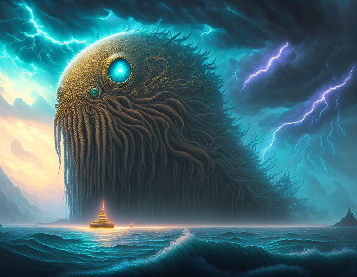 Gigantic tentacled sea creature dwarfs sailing ship in stormy sky