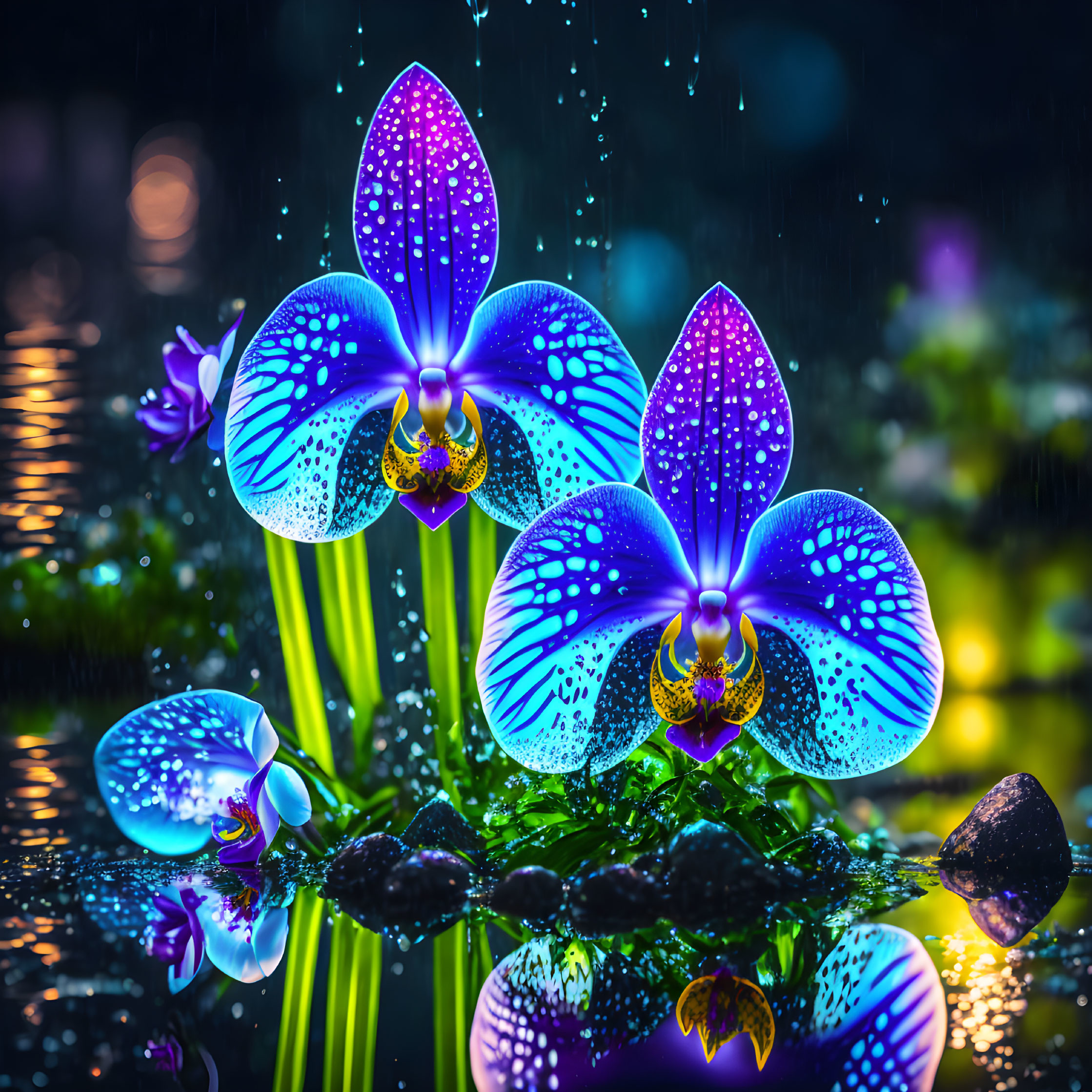 Three vibrant blue and purple orchids with water droplets on wet surface.