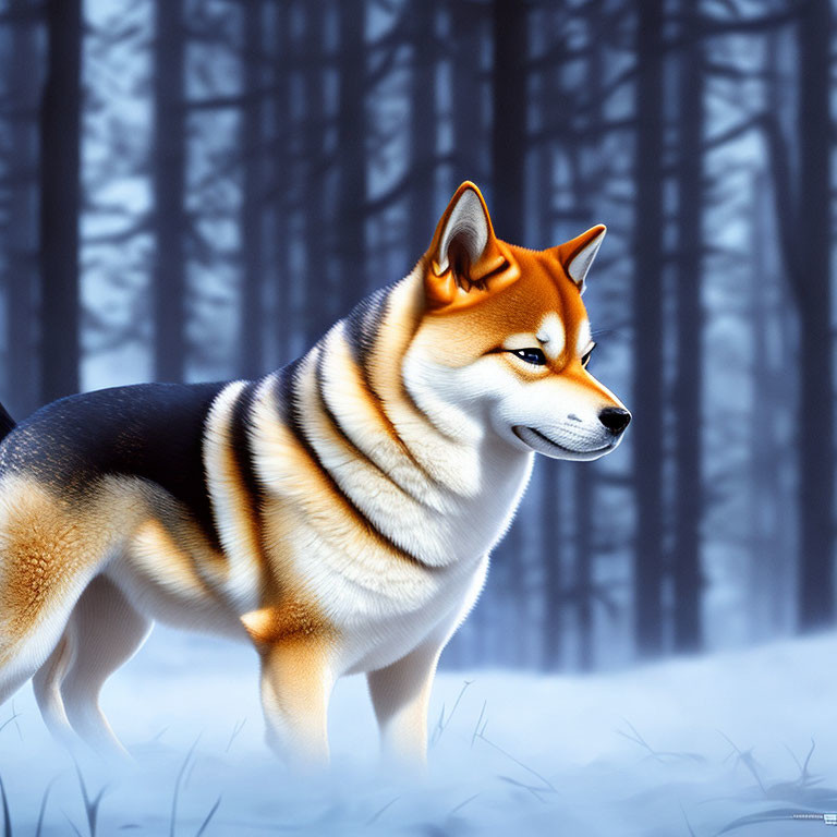 Illustration of Shiba Inu in Snowy Forest with Serene Expression