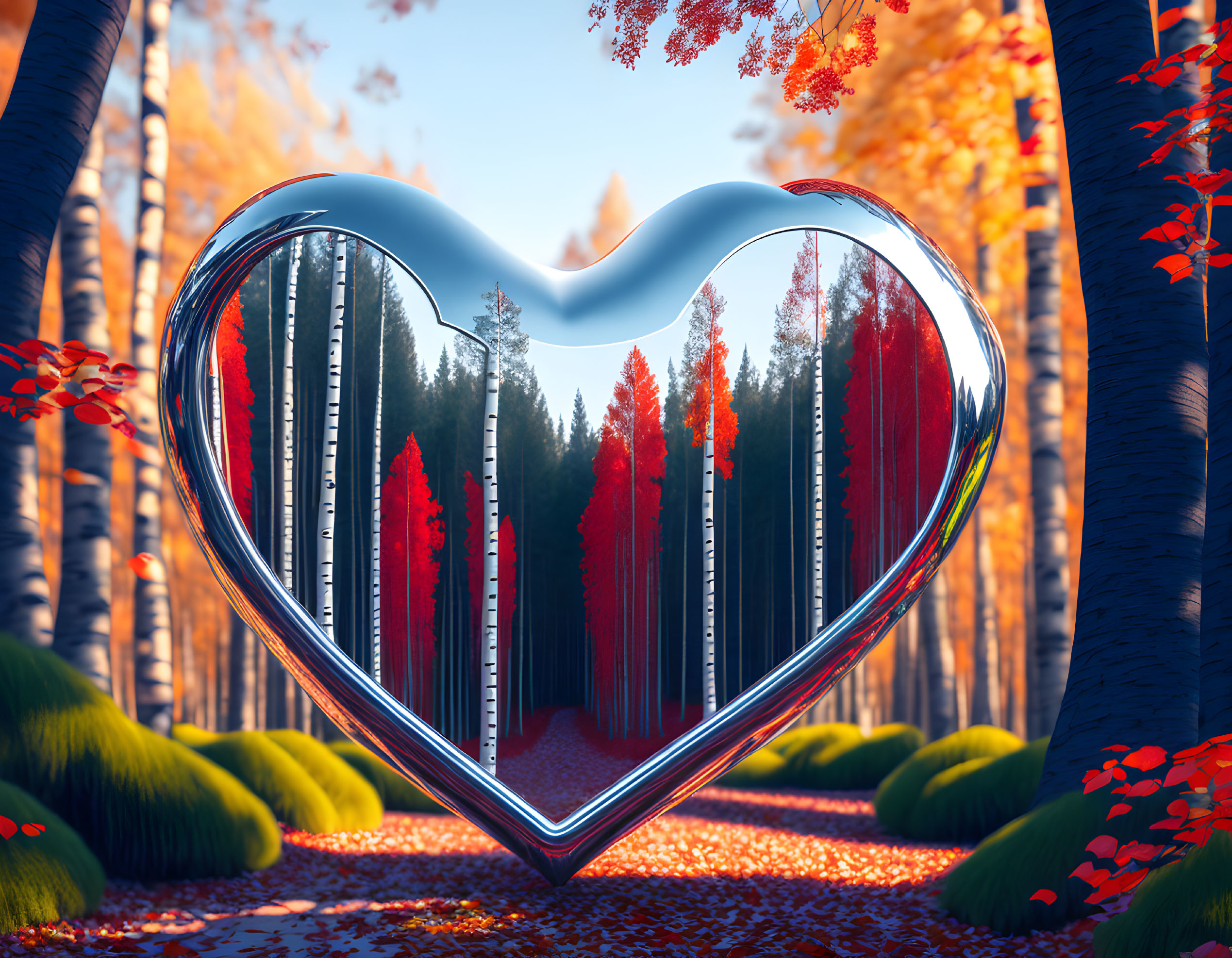 Heart-shaped mirror reflecting vibrant autumn forest with tall trees and red leaves under clear blue sky