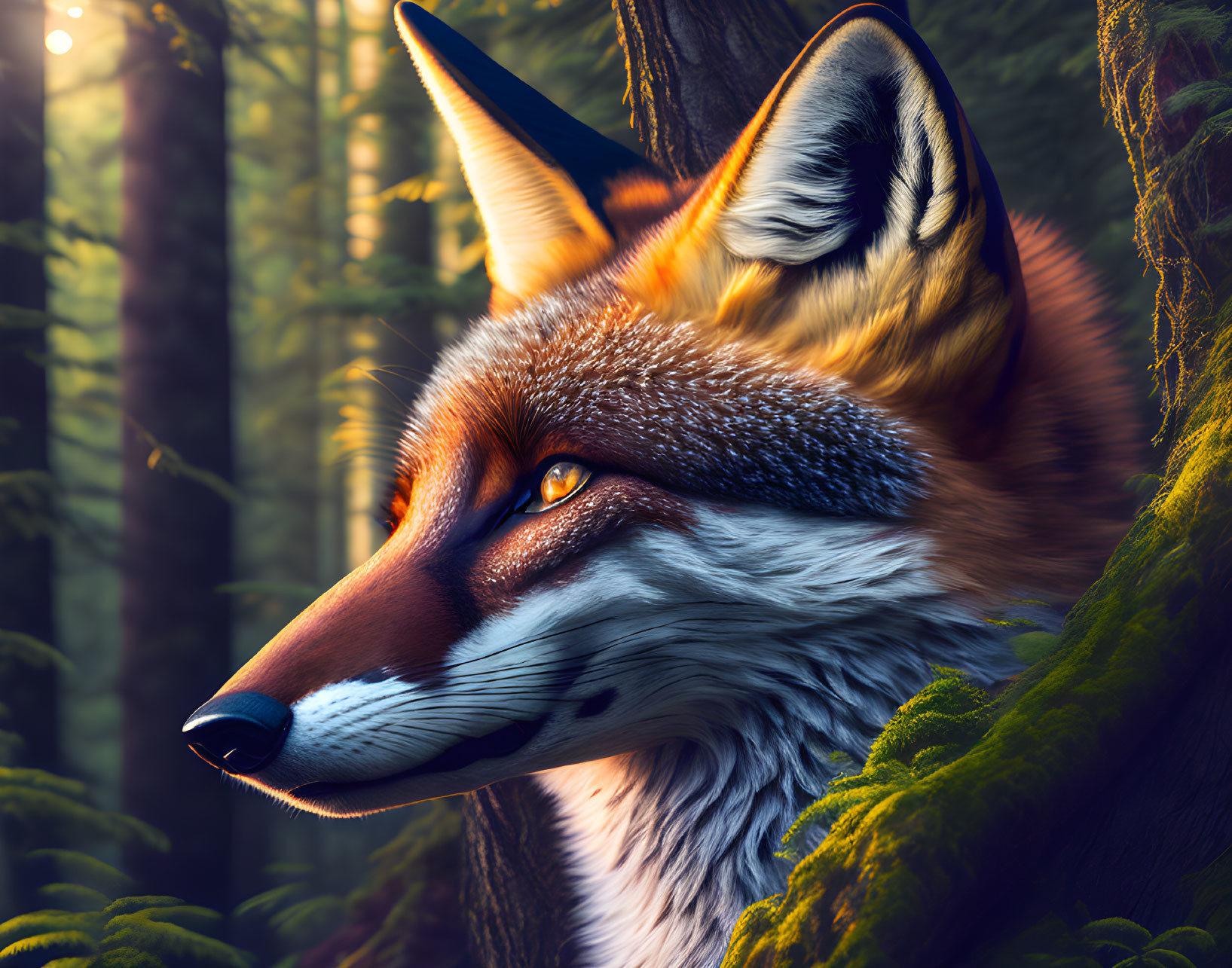 Detailed Stylized Fox Face in Vibrant Colors Against Forest Background