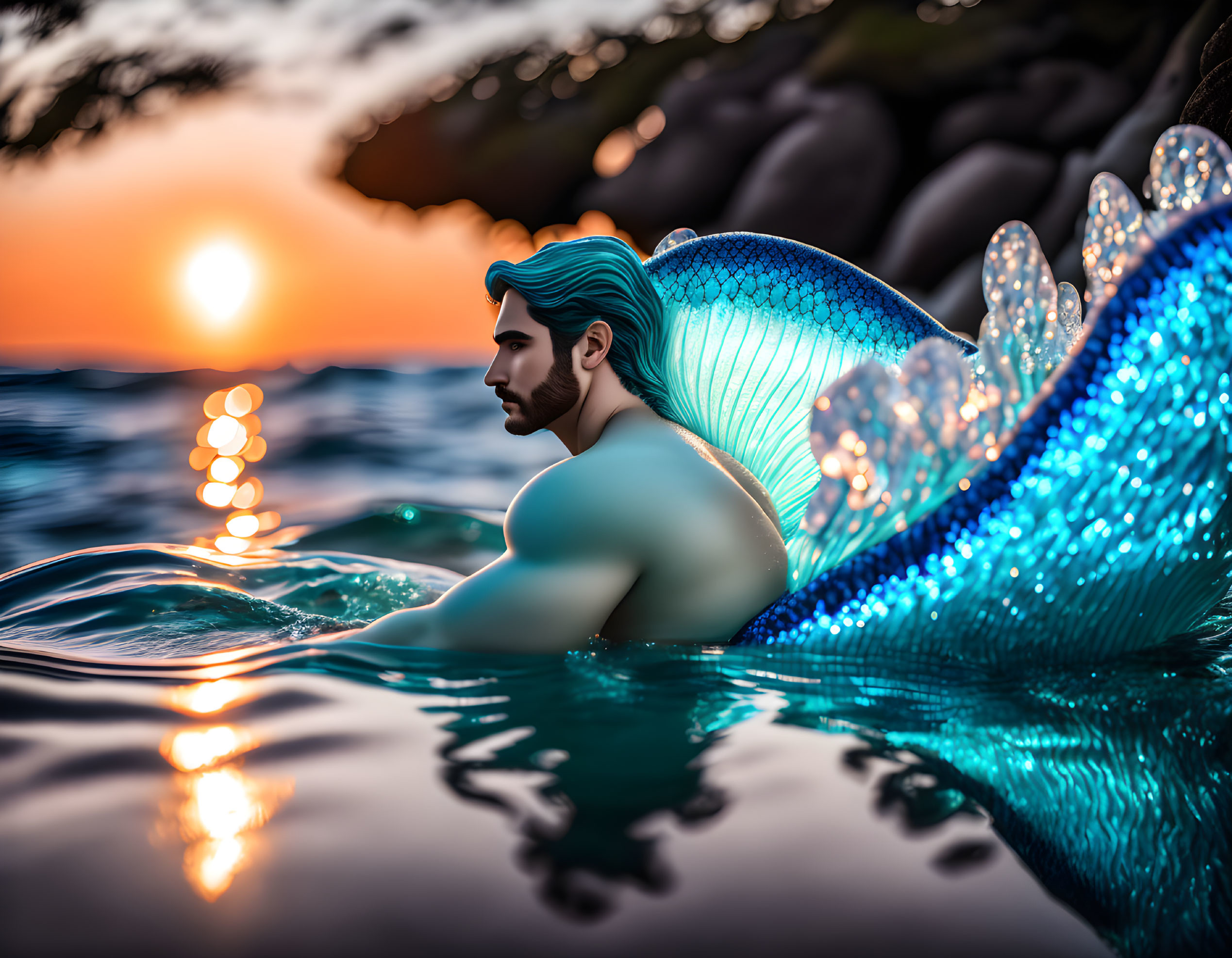 Shimmering blue-tailed male merman silhouette at sunset