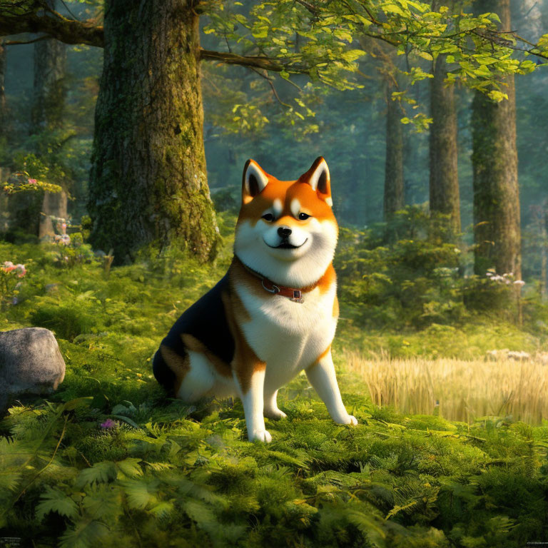 Shiba Inu dog with bright orange coat in lush green forest