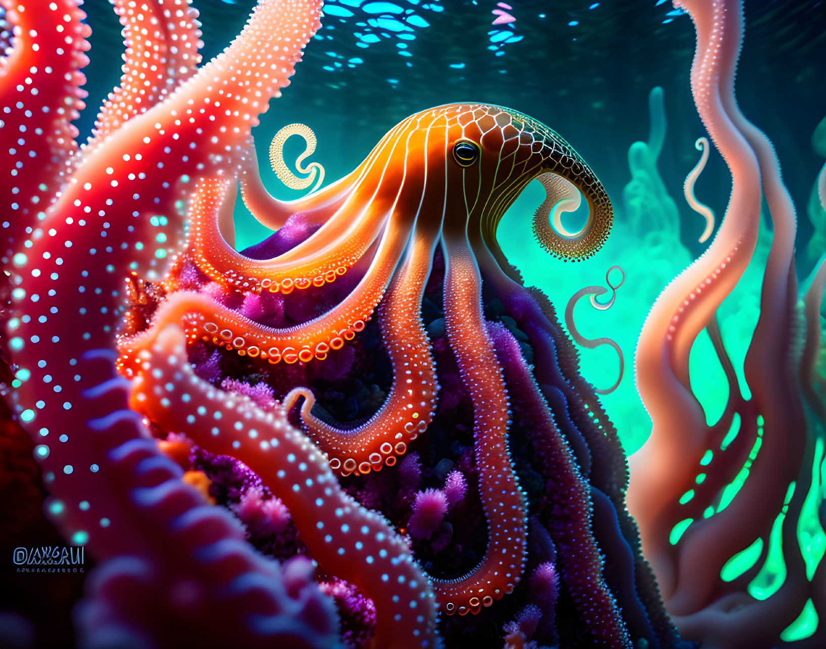 Vibrant Octopus Artwork with Detailed Patterns and Coral Structures
