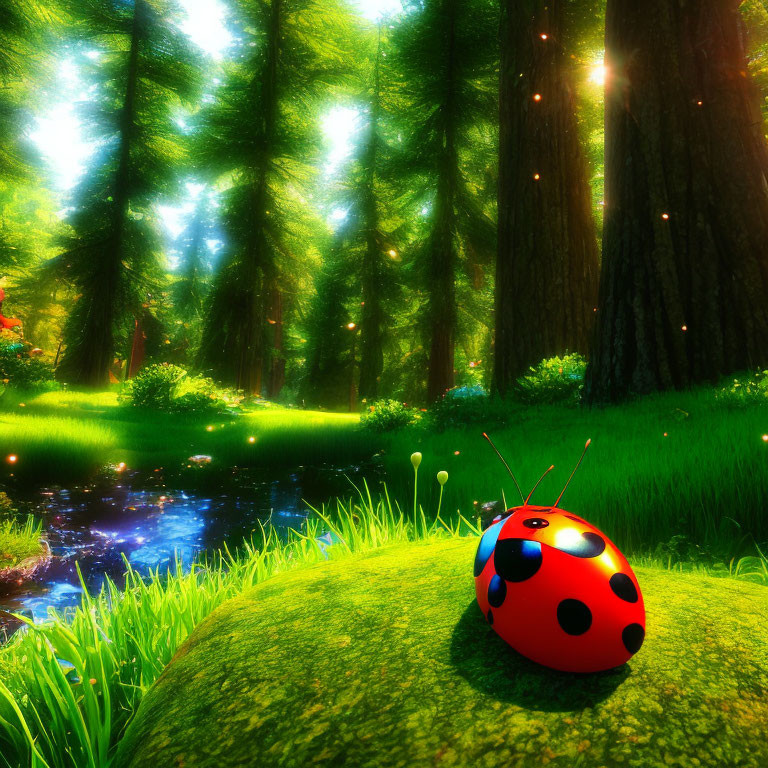 3D-rendered scene of ladybug on rock by tranquil pond in lush forest