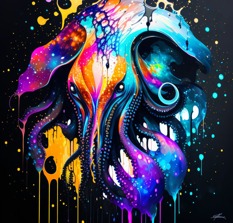 Colorful Octopus Artwork with Cosmic Patterns on Dark Background