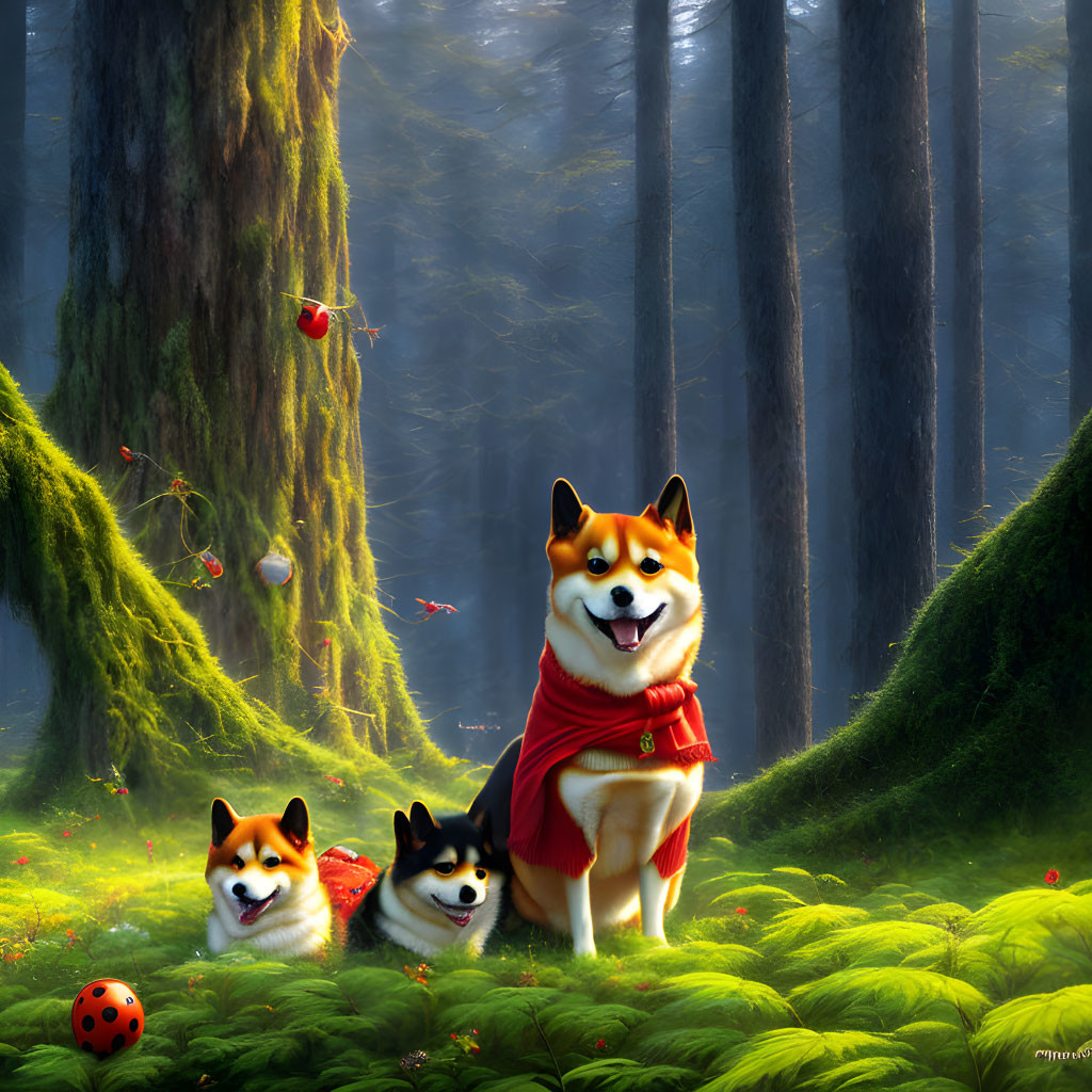 Three Shiba Inu dogs in whimsical forest setting with glowing lights and ladybugs.