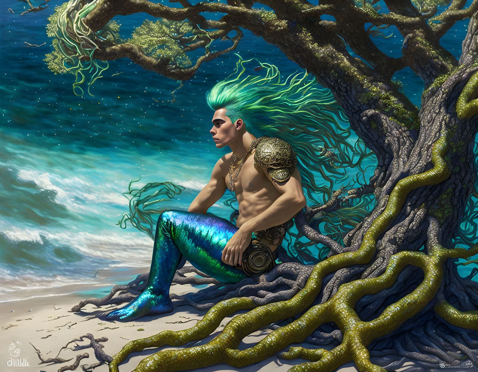 Green-haired merman resting under ancient tree by the sea