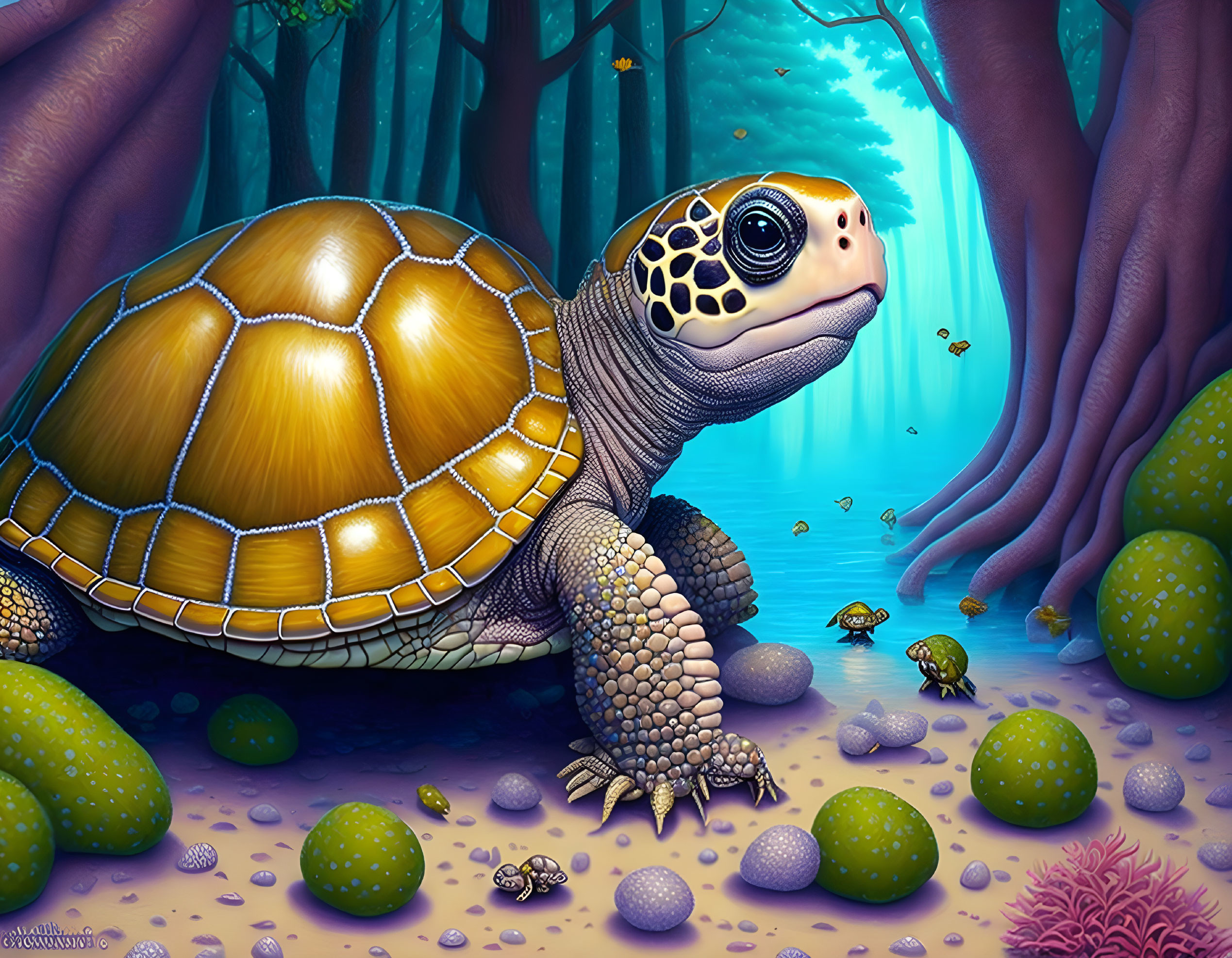 Detailed illustration of large tortoise in mystical forest with tiny turtles