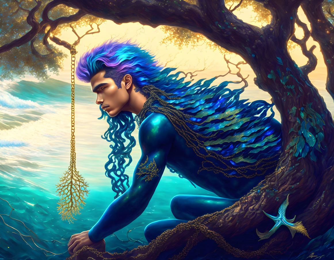 Blue mythical creature with feathers on a tree branch by the sea