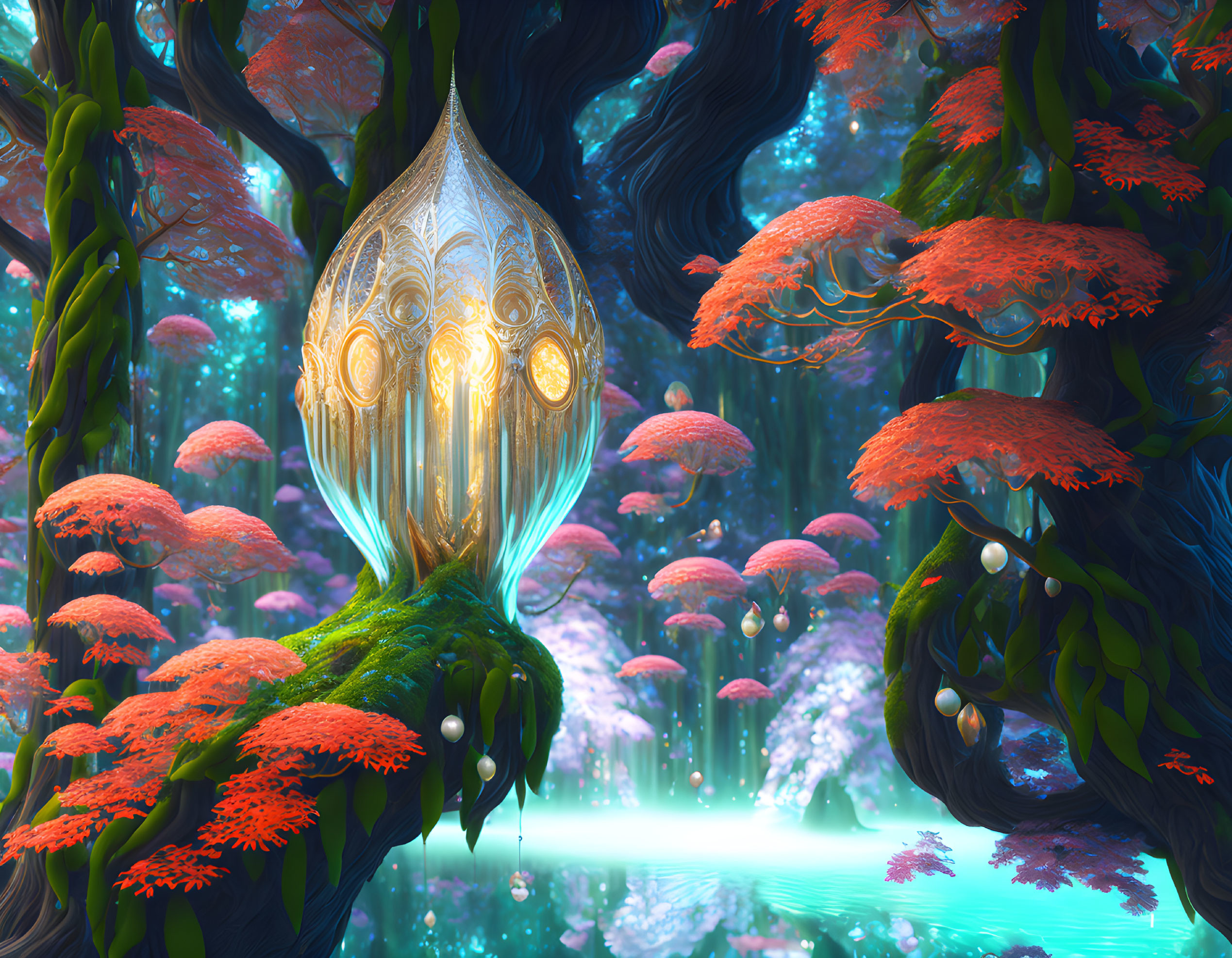 Neon-lit forest with glowing mushrooms and alien-like structure