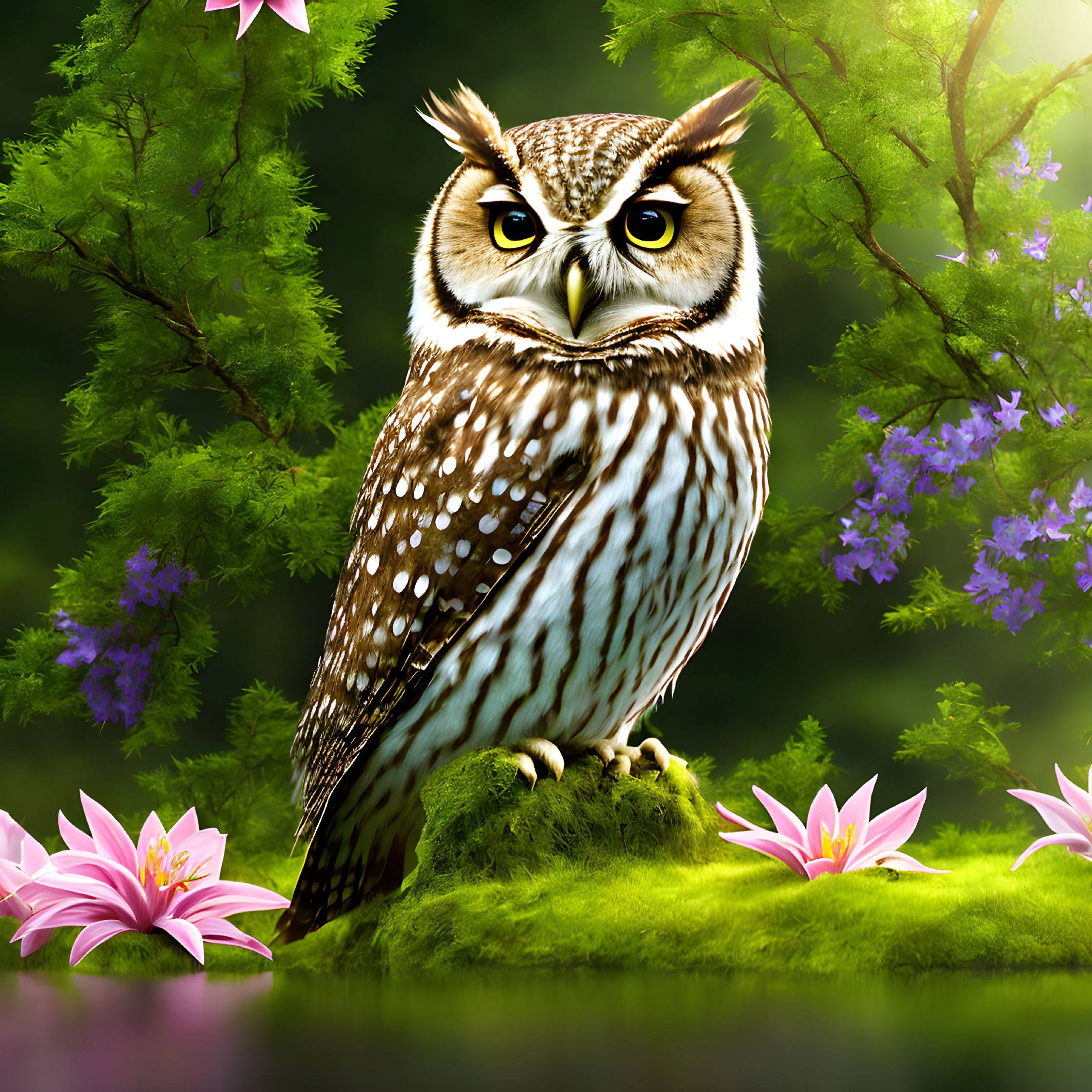 Detailed artwork of owl on mossy knoll with pink water lilies