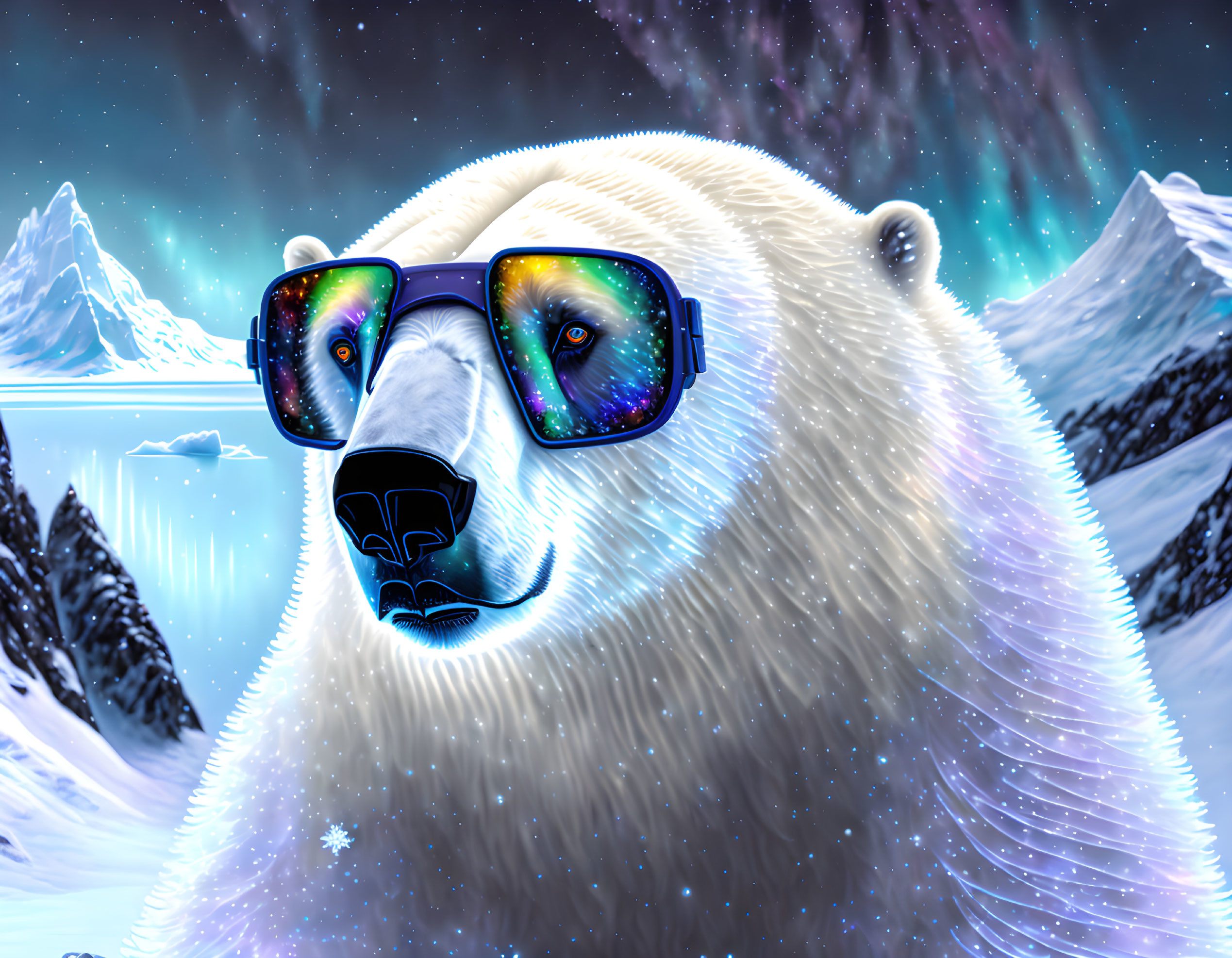 Polar bear with cosmic sunglasses in snowy landscape