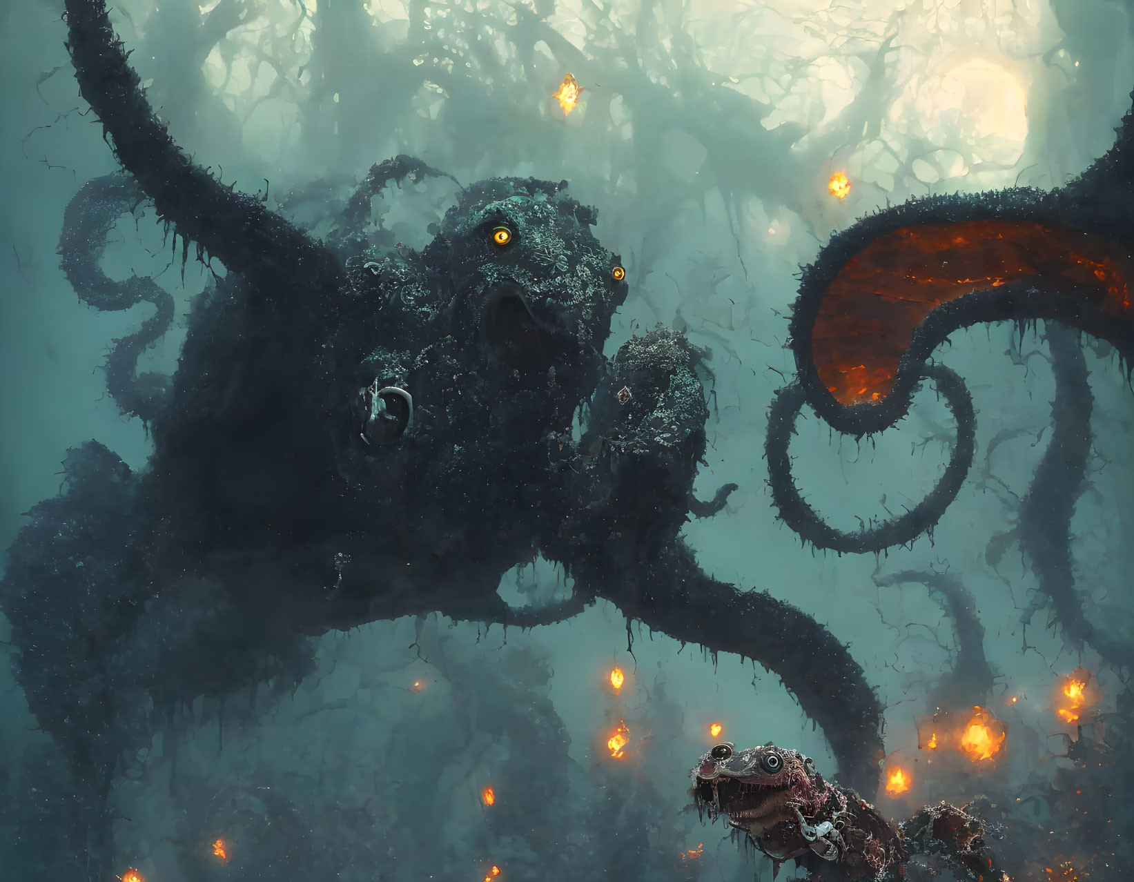 Dark octopus-like creature in eerie underwater scene with glowing orange orbs and twisting tentacles