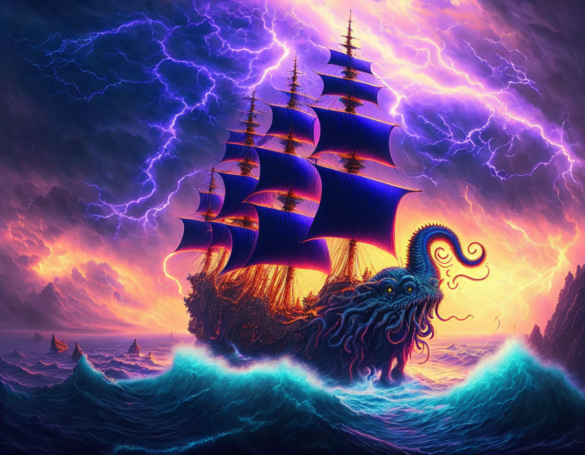 Majestic ship with towering sails in stormy seas with giant tentacled creature emerging