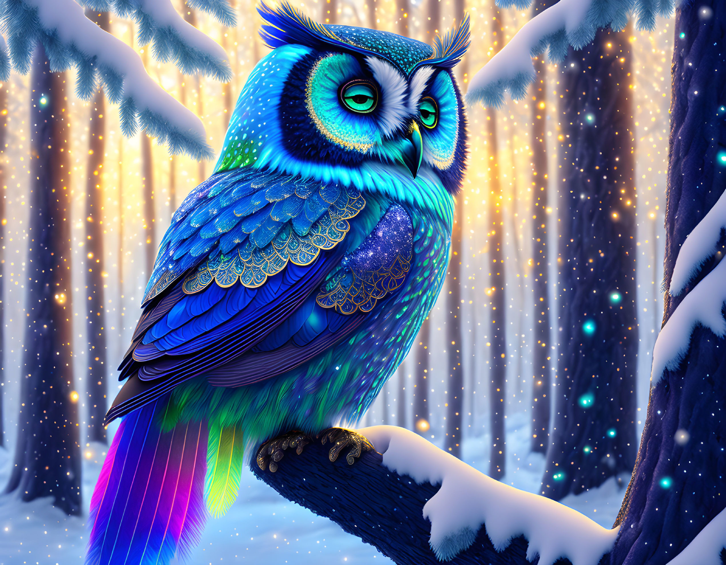 Colorful Cartoon Owl on Branch in Snowy Forest with Glowing Lights