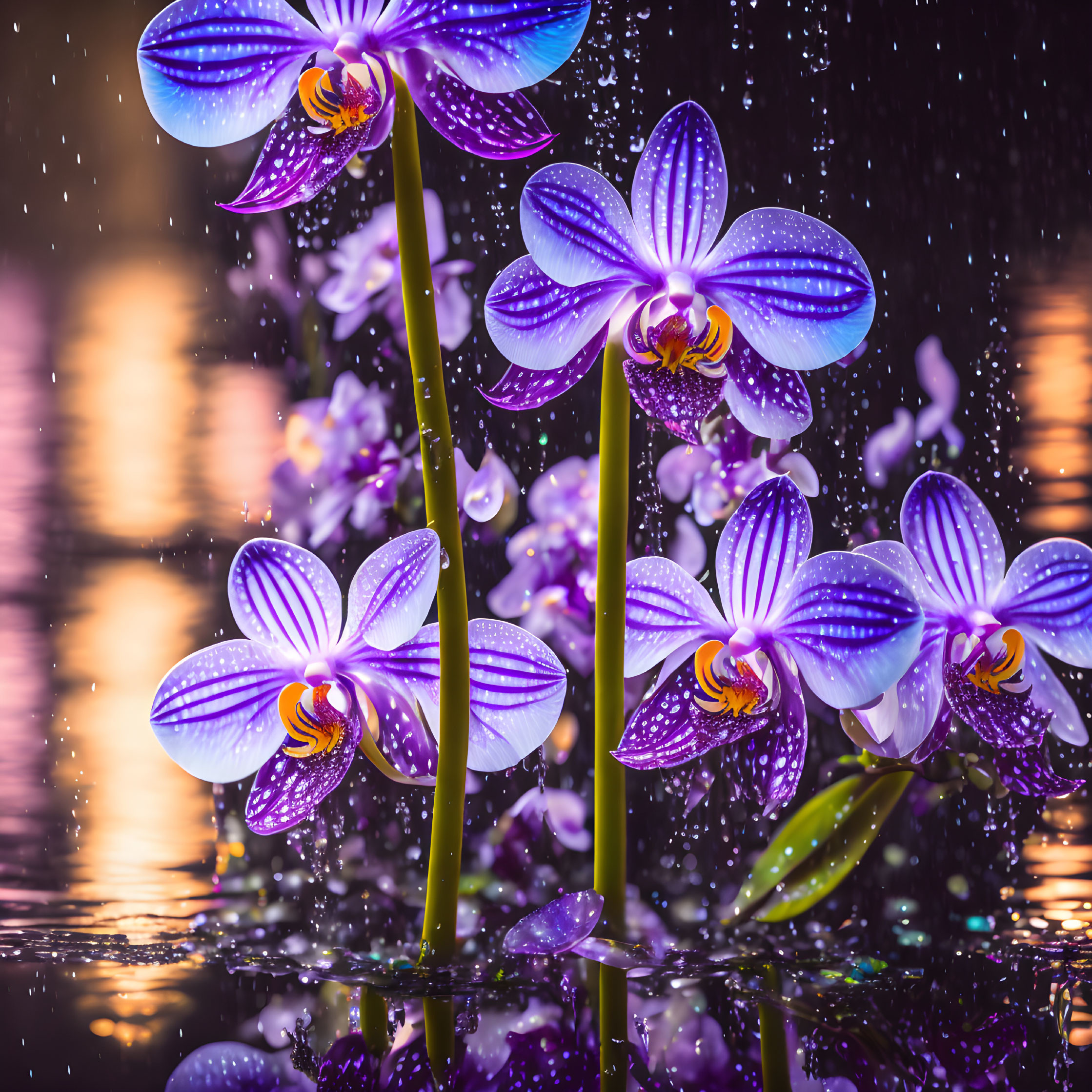 Purple Orchids with Water Droplets Reflected on Shimmering Surface