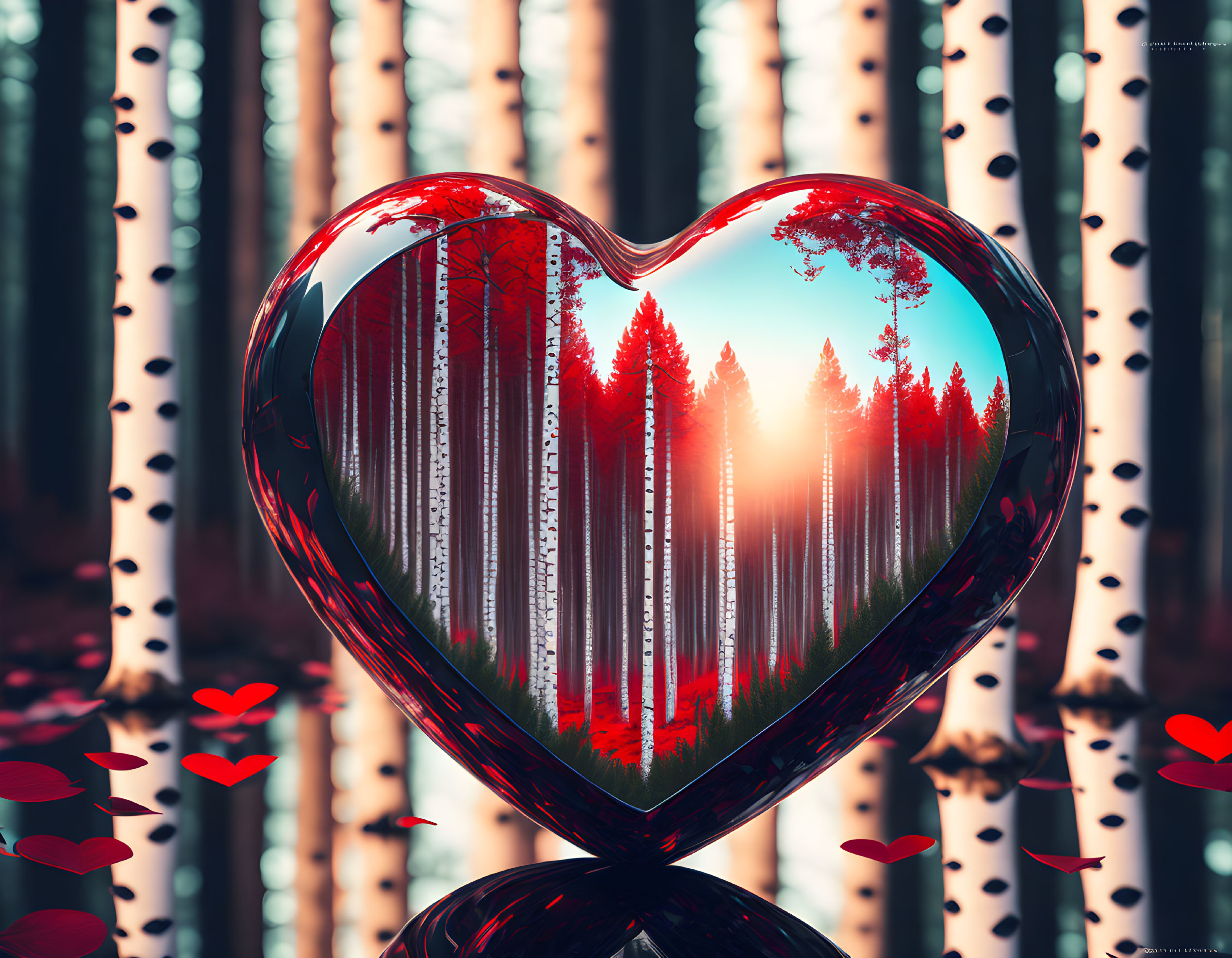 Sunlit forest scene in heart-shaped object with birch trunks and smaller hearts