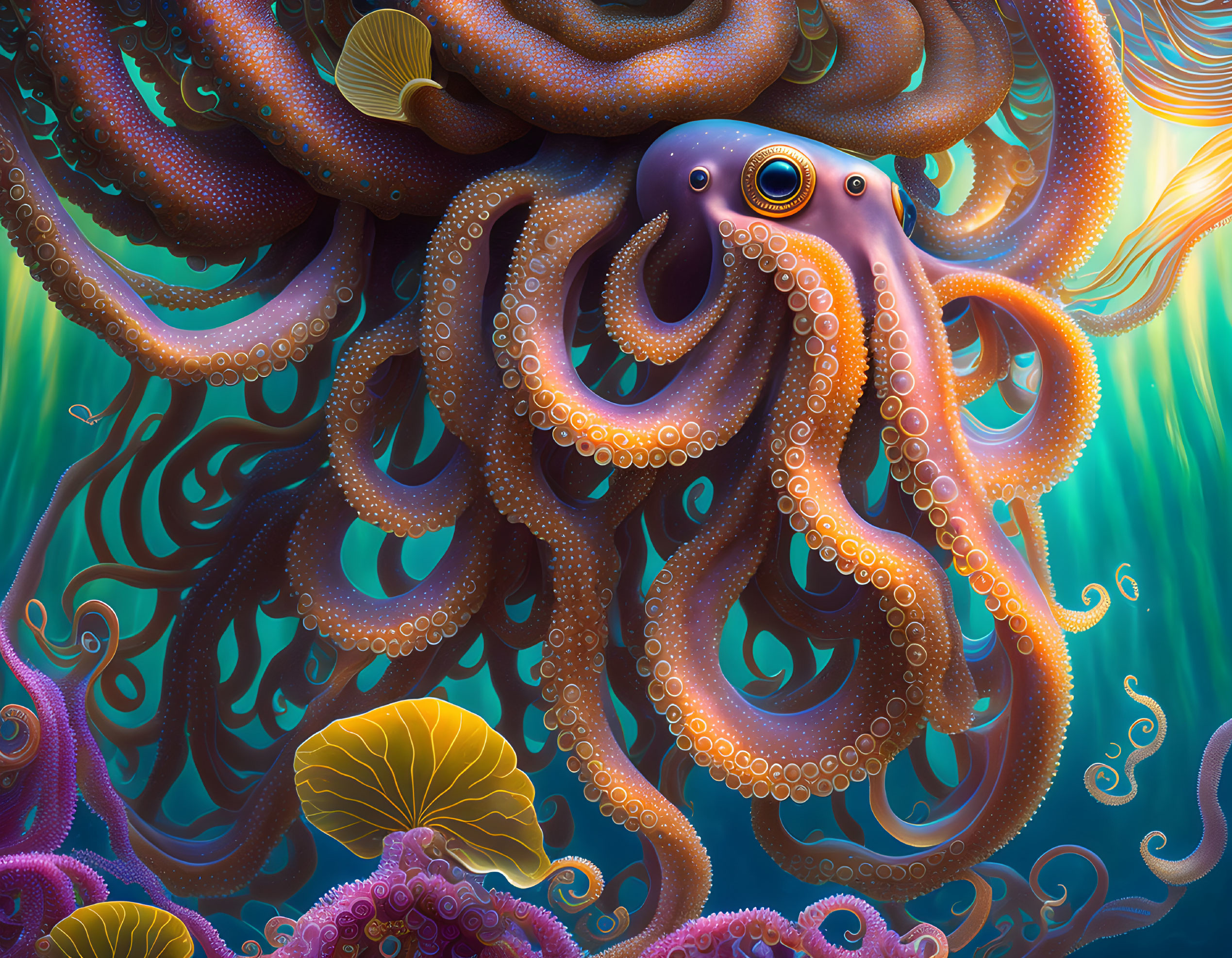 Colorful Octopus Illustration with Detailed Tentacles in Underwater Scene