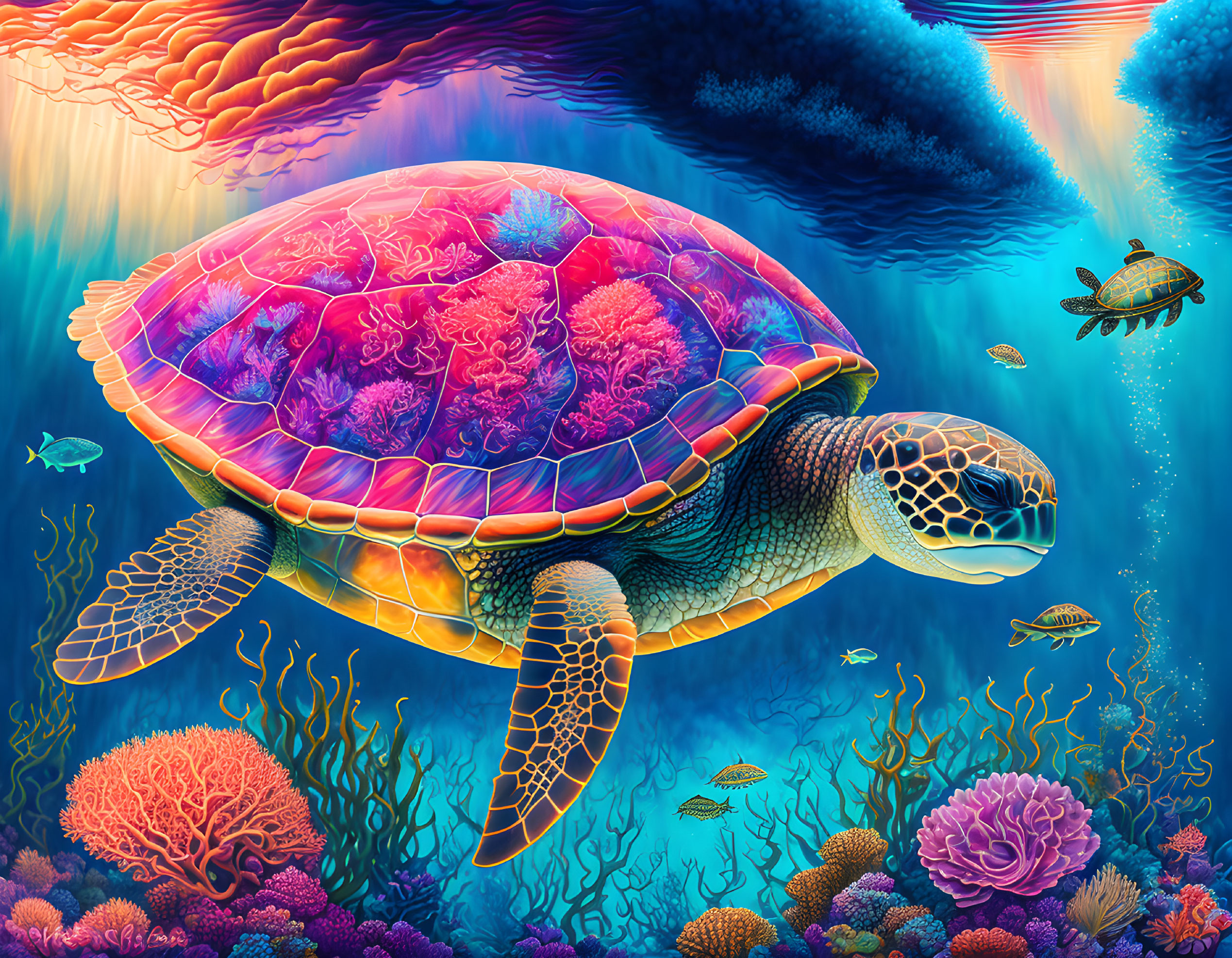 Colorful Underwater Scene with Detailed Turtle and Coral Fish