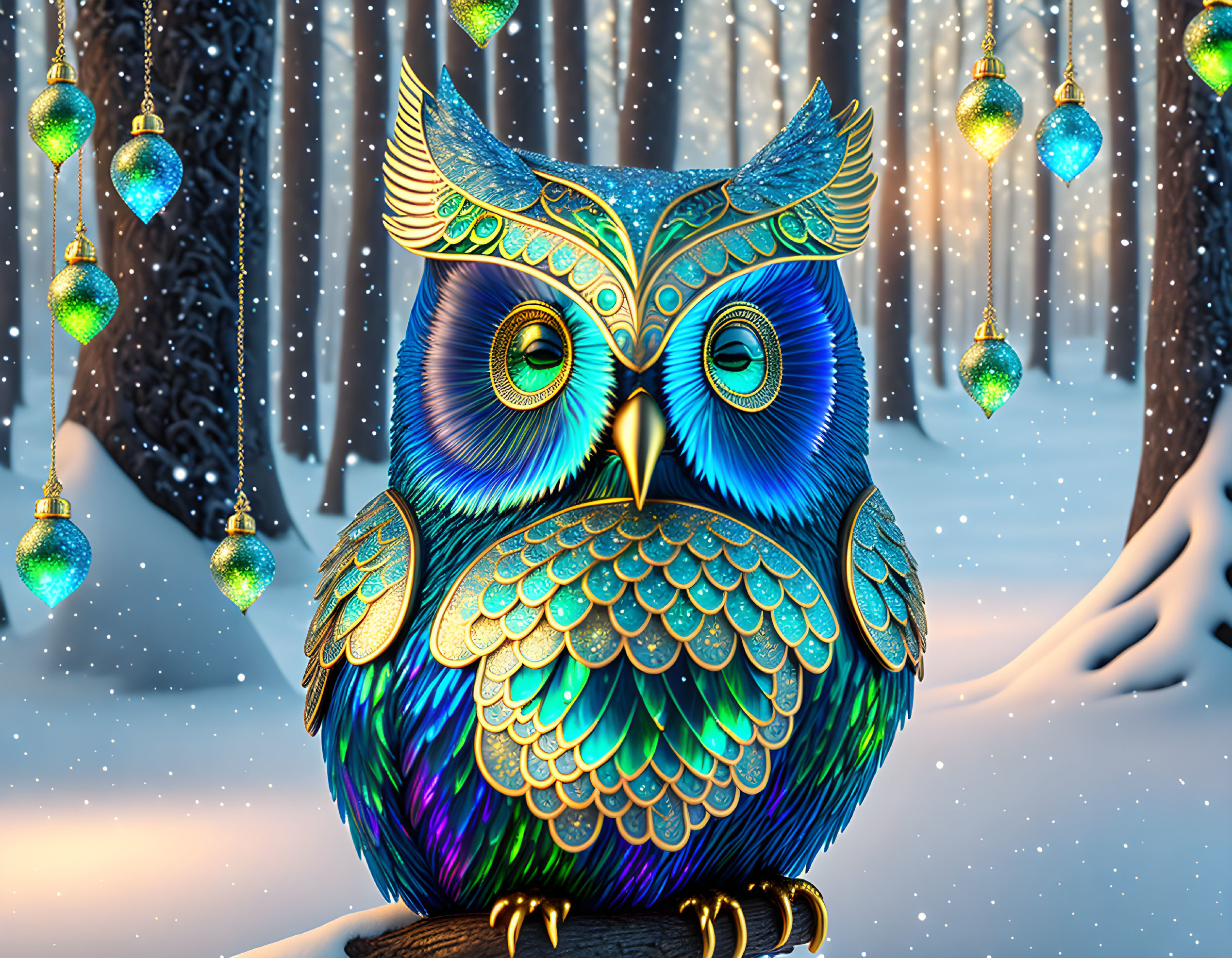 Colorful Owl Illustration on Winter Background with Ornaments