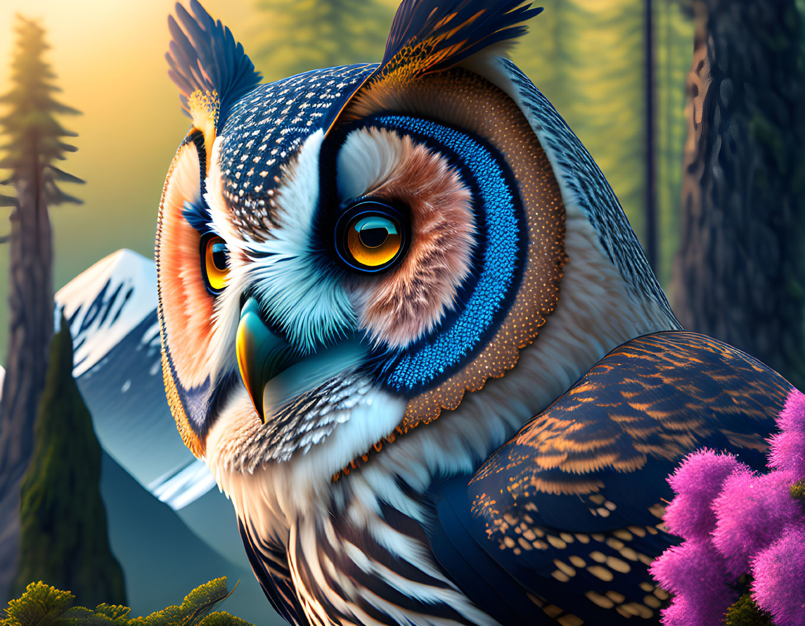 Detailed illustration of vibrant owl with intricate feathers against mountain backdrop