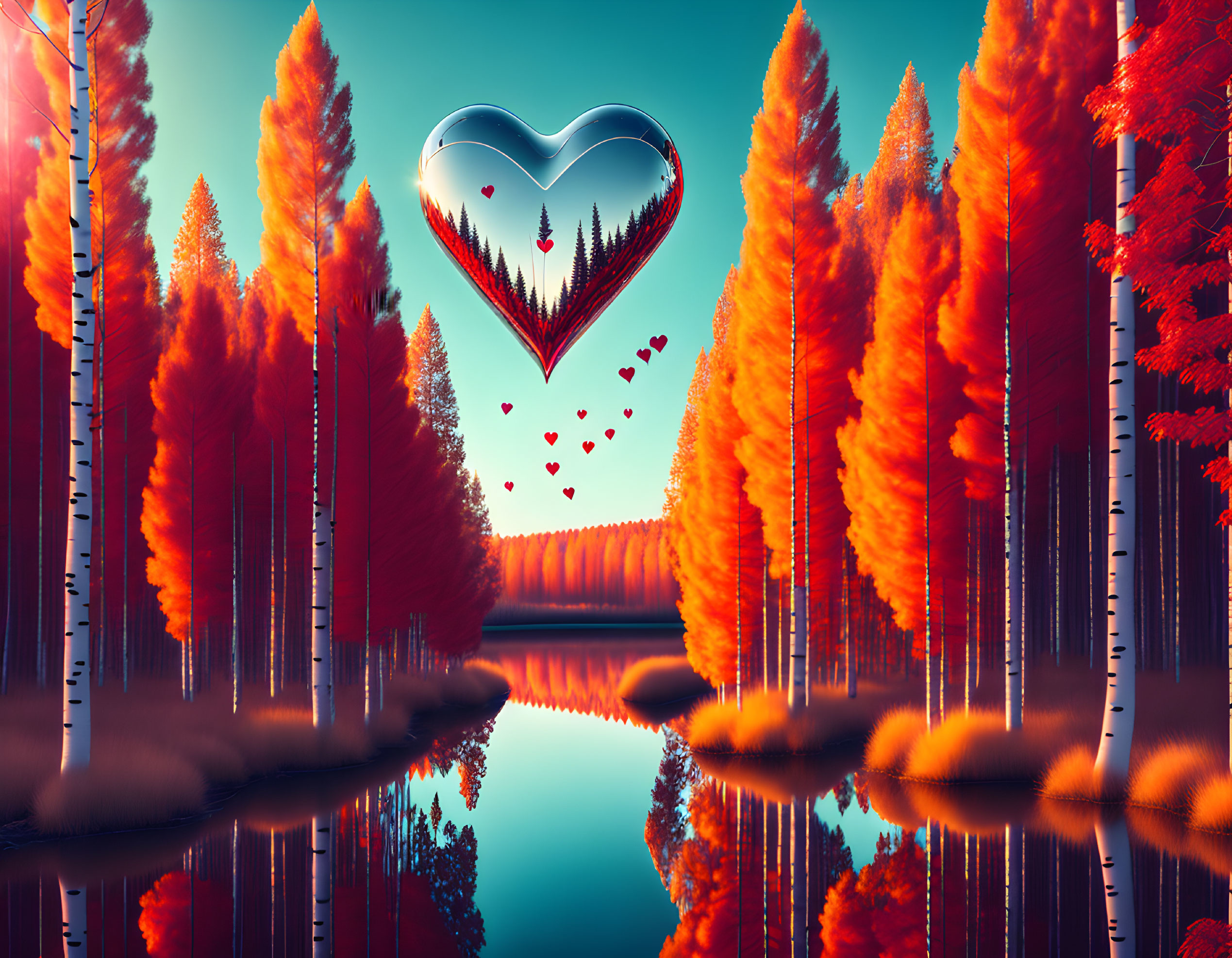 Surreal landscape with fiery red trees by calm lake and heart-shaped object above