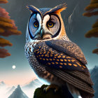 Digital artwork of owl face merging with mountain landscape, trees as feathers.