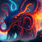 Fantastical image of giant blue creature with fiery orange tentacles looming over mountainous landscape under storm