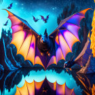 Colorful Flying Squirrel Artwork Over Fantasy Landscape