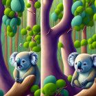 Colorful Digital Illustration: Koalas on Eucalyptus Branches in Lush