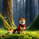 Three Shiba Inu dogs in whimsical forest setting with glowing lights and ladybugs.