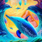 Colorful Underwater Scene with Dolphins, Fish, and Coral in Circular Frame