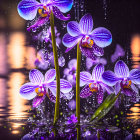 Purple Orchids with Water Droplets Reflected on Shimmering Surface