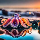 Colorful Octopus on Sunset Rocks with Water Reflection and Bokeh Lights