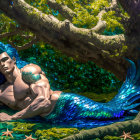 Blue-haired merman lounges by pond with starfish and green foliage