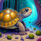 Detailed illustration of large tortoise in mystical forest with tiny turtles