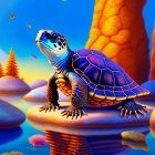 Colorful digital artwork: Turtle on rock surrounded by underwater coral and fish