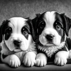 Black and white fluffy puppies with bright eyes on textured backdrop