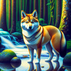 Colorful Shiba Inu dog in mystical forest with glowing moss and waterfall