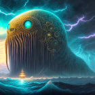 Gigantic tentacled sea creature dwarfs sailing ship in stormy sky