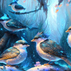 Mystical blue birds with glowing tails in enchanted forest scene