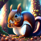 Detailed Illustration: Squirrel Eating Nut in Sunlit Forest