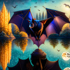 Flying fox with open wings in moonlit night scene