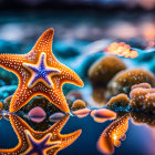 Orange Starfish with White Spots on Reflective Surface with Blurred Water and Bokeh Lights