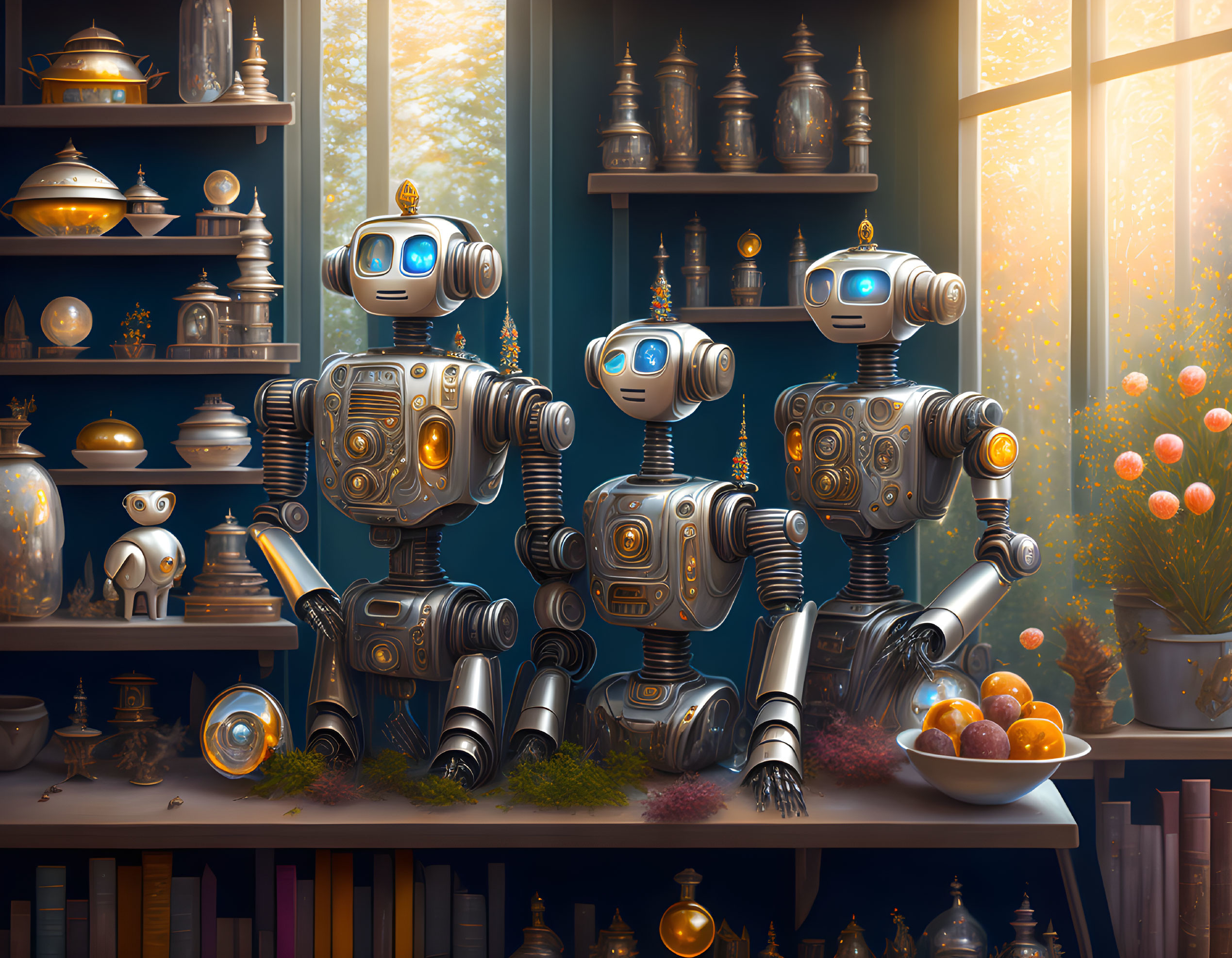 Vintage robots with expressive faces in cozy room with plants and fruit